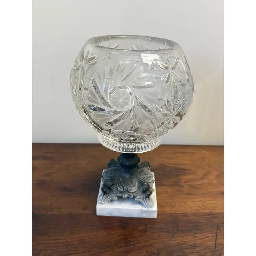 Vintage Hollywood Regency Glass Rose Bowl Compote Marble Pedestal 11